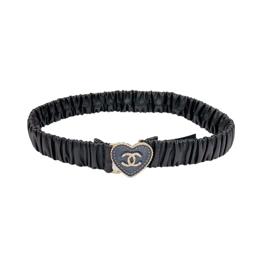 Chanel Women's Heart/CC Buckle Elastic Belt In Black Lambskin With Gold/Silver Hardware 30mm