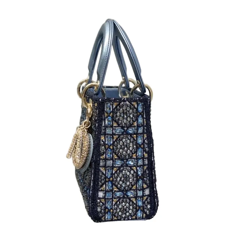 Dior Small Lady Dior Bag Metallic/Blue/Grey Lambskin and Rose des Vents/Dark Blue/Light Grey Satin Embroidered with Beads Gold Hardware