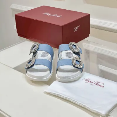 Roger Vivier Slidy Viv' Mules Sandals In Denim Blue With Crystal Buckle