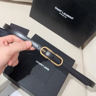 Saint Laurent Long Oval Buckle Thin Belt In Black Calfskin With Gold/Silver Hardware 15mm