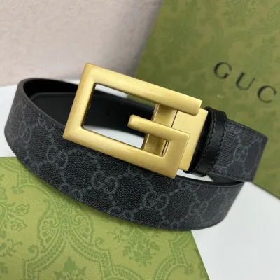 Gucci Men's Square G Buckle Reversible Belt In Black/Brown/Beige Monogram Calfskin And Canvas With Gold/Silver Hardware 25mm