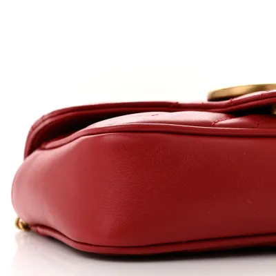 Gucci Super Mini GG Marmont Shoulder Bag Hibiscus Red Calfskin Matelassé Leather Gold Hardware