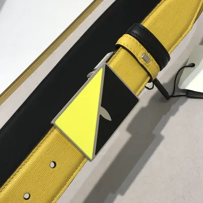 Fendi Men's FF Monster Eyes Reversible Belt In Blue/Black/Yellow Calfskin With Silver Hardware 35mm