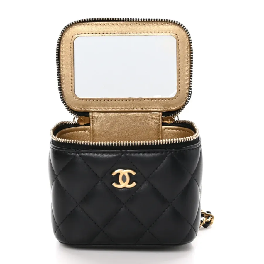 Chanel Pearl Crush Vanity Case With Chain Mini Black Quilted Lambskin Leather Gold Hardware