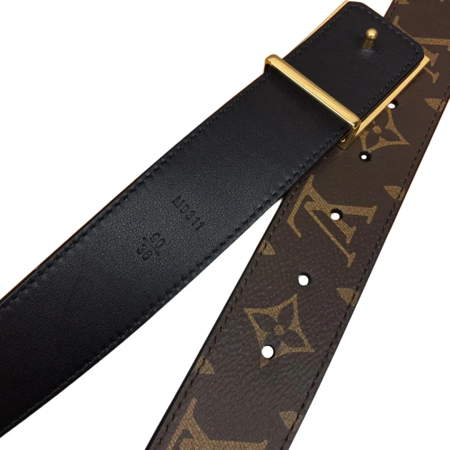 Louis Vuitton Women's Square Buckle Reversible Belt In Black Calfskin And Monogram Canvas With Gold Hardware 35mm
