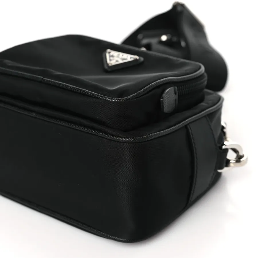 Prada Medium Brique Crossbody Messenger Bag Black Tessuto & Saffiano Leather Silver Hardware