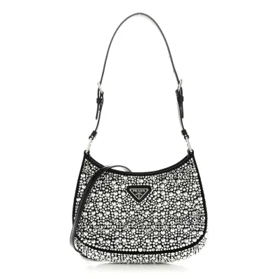Prada Medium Cleo Adjustable Strap Shoulder Bag Metal Satin & Crystal Silver Hardware