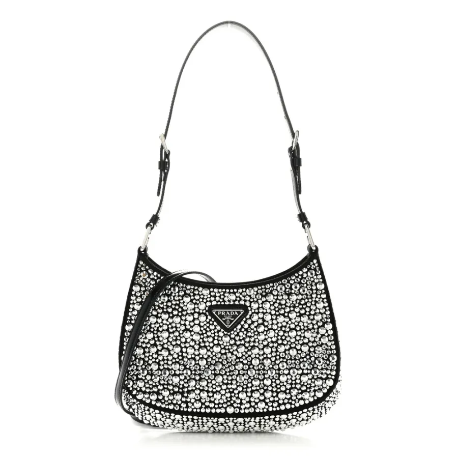Prada Medium Cleo Adjustable Strap Shoulder Bag Metal Satin & Crystal Silver Hardware