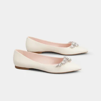 Roger Vivier Efflorescence Ballerinas In White/Black Satin With Crystal Flowers Buckle (Heel Height 1cm)