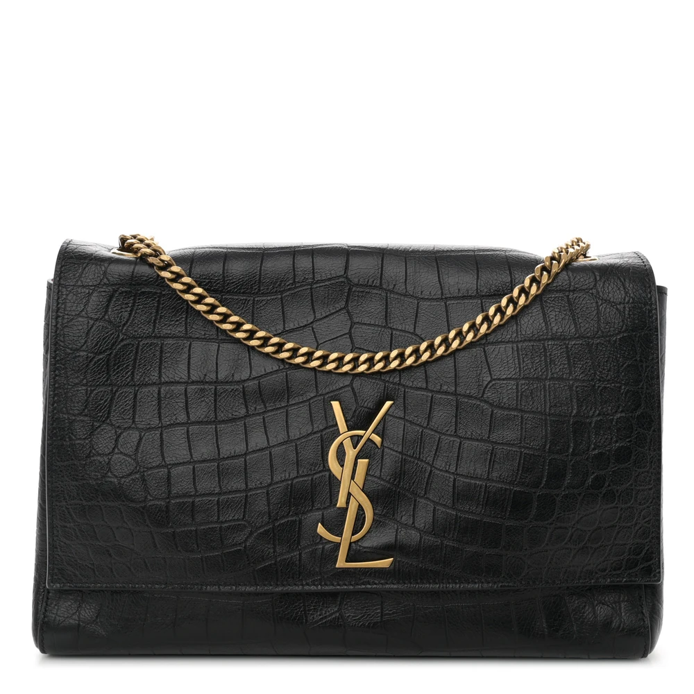 Saint Laurent Kate Satchel Média Preta Reversível Monograma Couro Liso Bezerro e Camurça Hardware Envelhecido Ouro