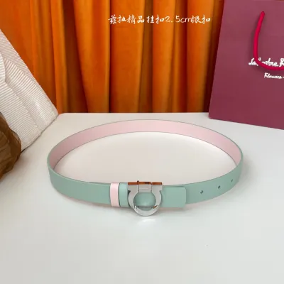 Ferragamo Women's Gancini Reversible Fixed Belt In Mint Blue/Blue/Red/Black/Pink Calfskin With Gold/Silver Hardware 25mm