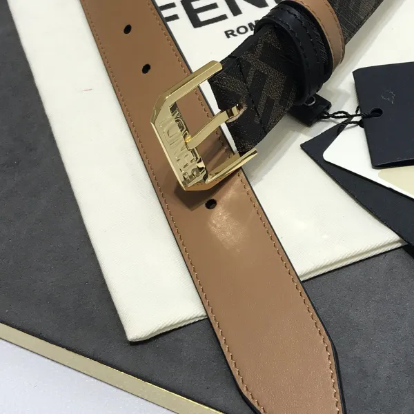 Fendi Men's Square Buckle Belt In Black/Brown Calfskin And Monogram Canvas With Gold/Silver Hardware 35mm - Image 3