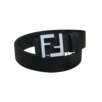 Fendi Men's Rounded FF Reversible Belt In Black/Blue Calfskin And Monogram Canvas With Silver Hardware 38MM