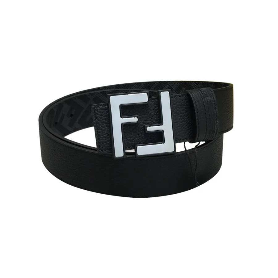 Fendi Men's Rounded FF Reversible Belt In Black/Blue Calfskin And Monogram Canvas With Silver Hardware 38MM