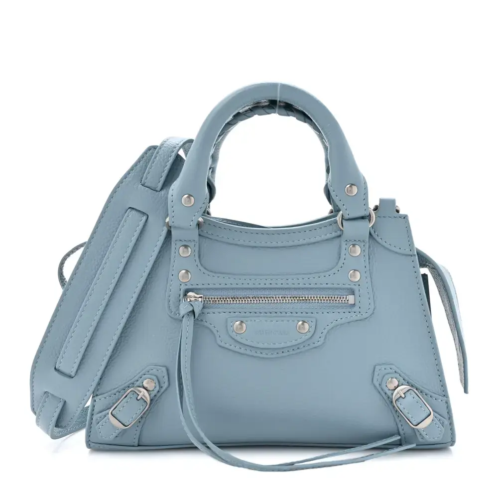 Balenciaga Mini Neo Classic City Azul/Cinza Couro Bezerro Granulado Hardware Prateado