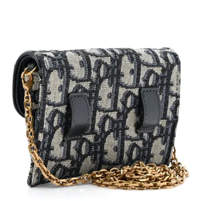 Dior Nano Saddle Chain Pouch Blue Oblique Canvas Gold Hardware