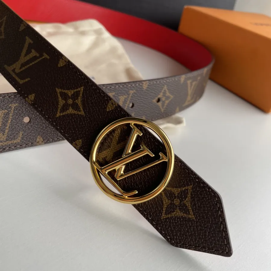 Louis Vuitton Women's Circle Buckle Belt In Black/Red Calfskin And Monogram Canvas With Gold/Silver Hardware 35mm