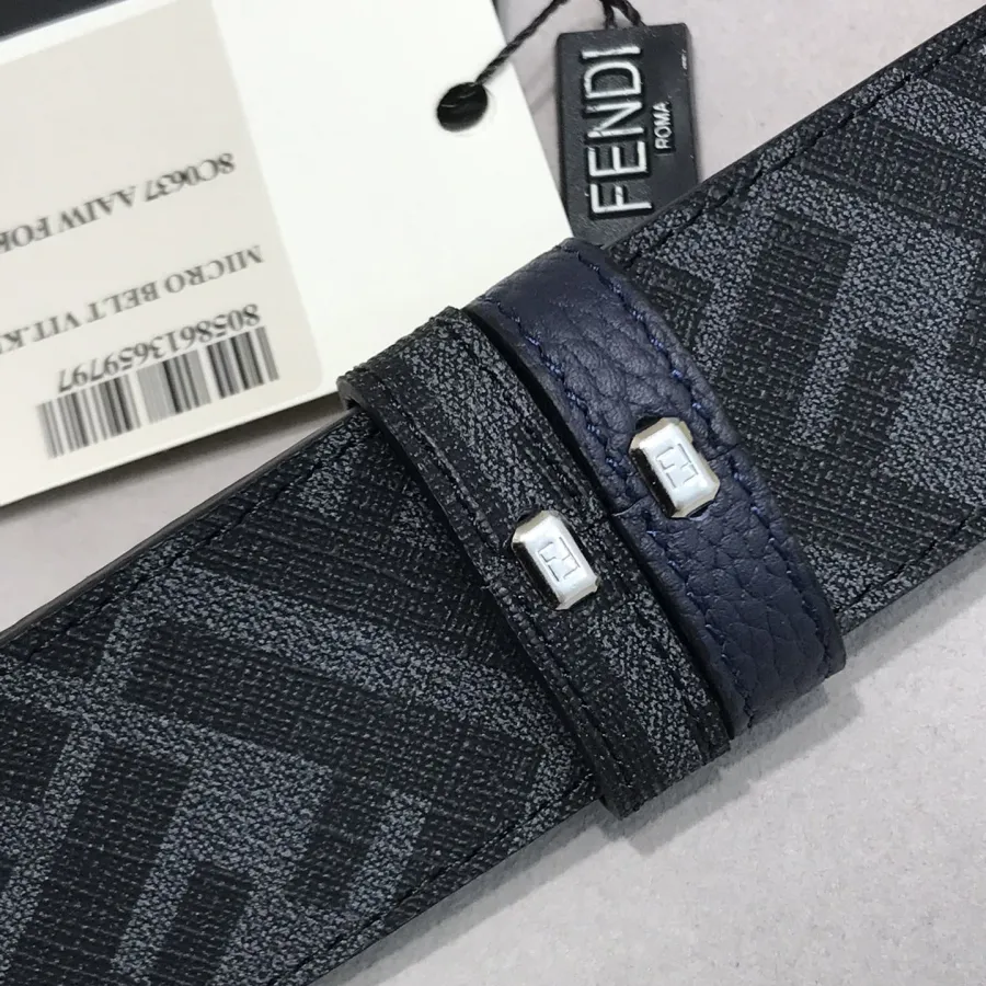Fendi Men's Rounded FF Reversible Belt In Black/Blue Calfskin And Monogram Canvas With Silver Hardware 38MM