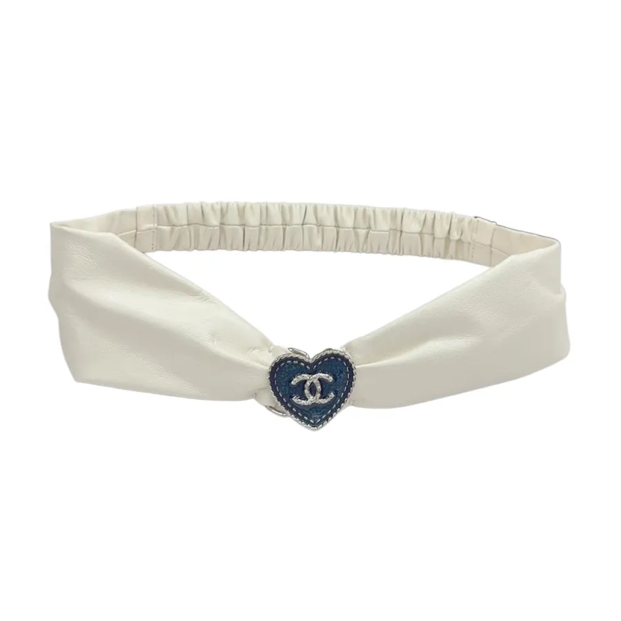 Chanel Women's Heart Buckle Elastic Belt In Black/White Lambskin With Silver Blue Hardware 50mm