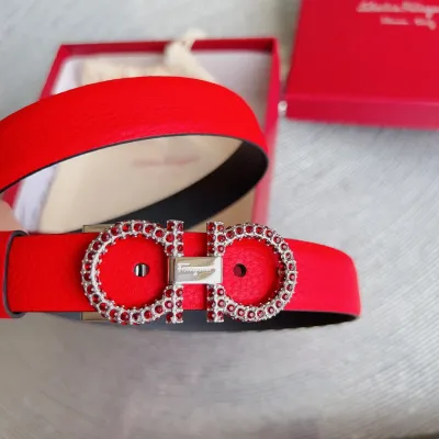 Ferragamo Women's Double Gancini Buckle With Crystals Adjustable Belt In Red/Brown/Green/Pink/Black/White/Burgundy/Khaki/Celery Grained Calfskin With Gold/Silver Hardware 25mm