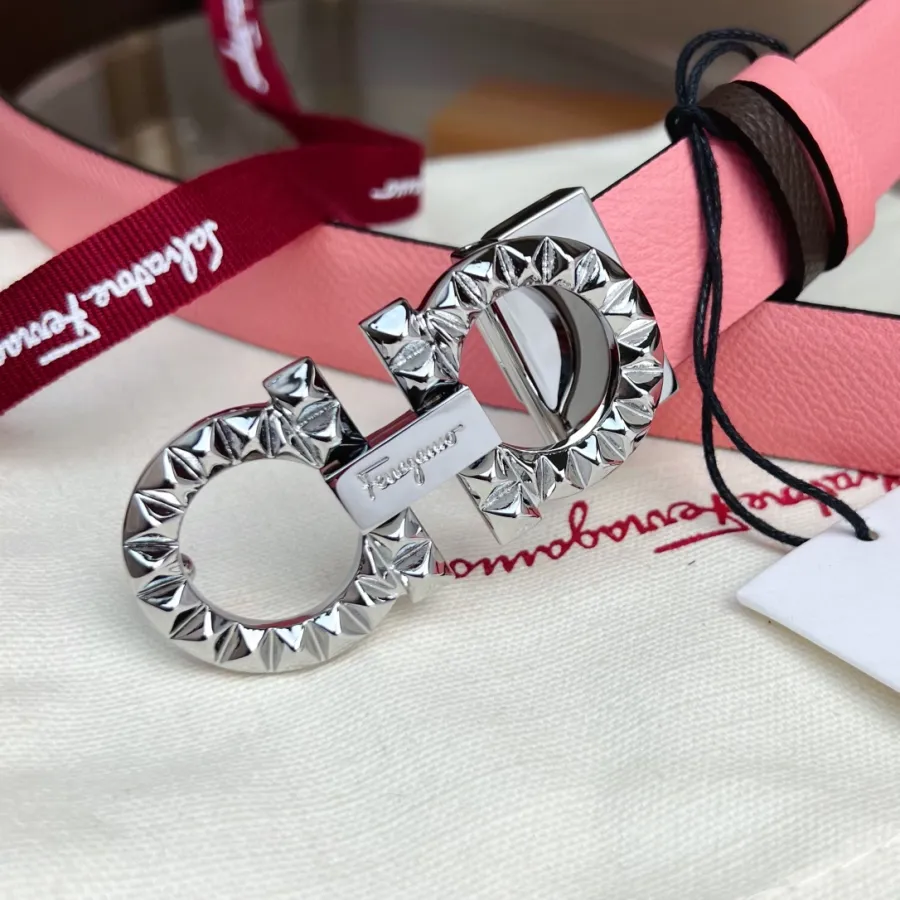 Ferragamo Women's Double Gancini Reversible Belt In Blue/Pink/Red/Purple/Black/Brown/White/Navy Blue Calfskin With Gold/Silver Hardware 25mm