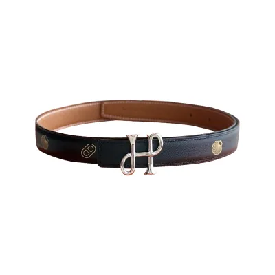Hermès Women' s Cor Baroque Buckle Reversible Belt In Black/Grey Epsom Calfskin With Gold/Silver Hardware 24mm