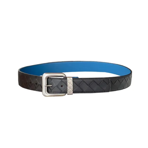 Bottega Veneta Men's Square Buckle Intrecciato Reversible Belt In Blue/Coffee Calfskin With Silver Hardware 35mm - Image 3