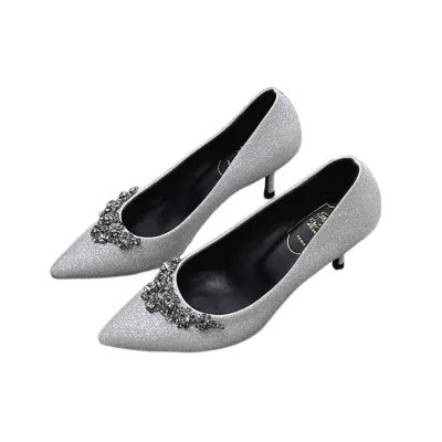 Roger Vivier Efflorescence Pumps High Heels In Red/Silver Satin With Crystal Flowers Buckle (Heel Height 6.5cm)