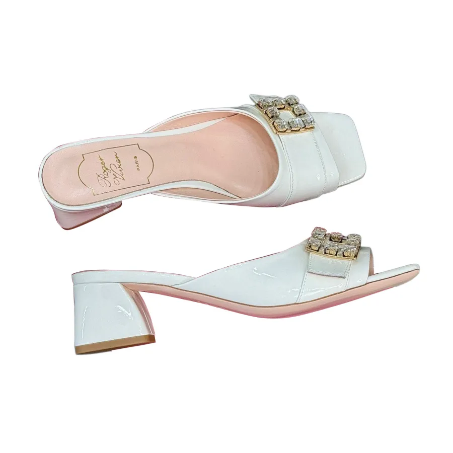 Roger Vivier Très Vivier Mules High Heels In White/Black Patent Leather With Crystal Buckle (Heel Height 3.5cm)