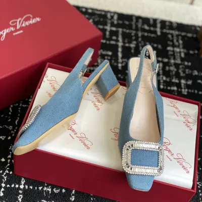 Roger Vivier Belle Viver Slingback Pumps High Heels In Blue Denim With Crystal Buckle (Heel Height 4.5cm)