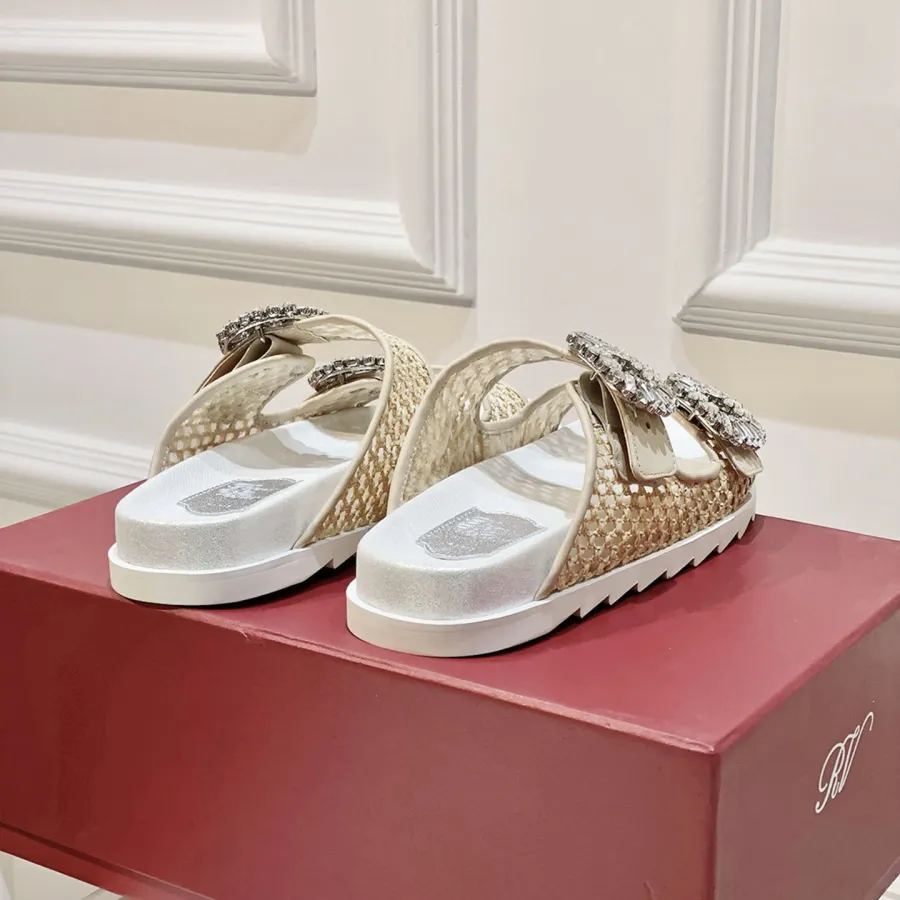 Roger Vivier Slidy Viv' Mules Sandals In Woven Fabric With Crystal Buckle