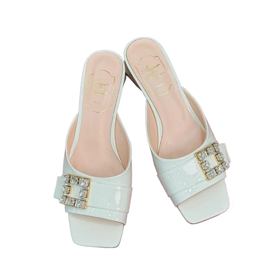 Roger Vivier Très Vivier Mules High Heels In White/Black Patent Leather With Crystal Buckle (Heel Height 3.5cm)