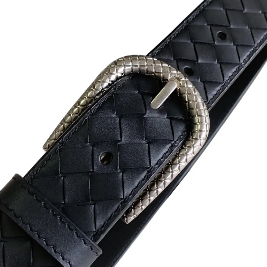 Bottega Veneta Men's Semicircle Buckle Intrecciato Belt In Black Calfskin With Matte Gun Black/Silver/Gold Hardware 35mm