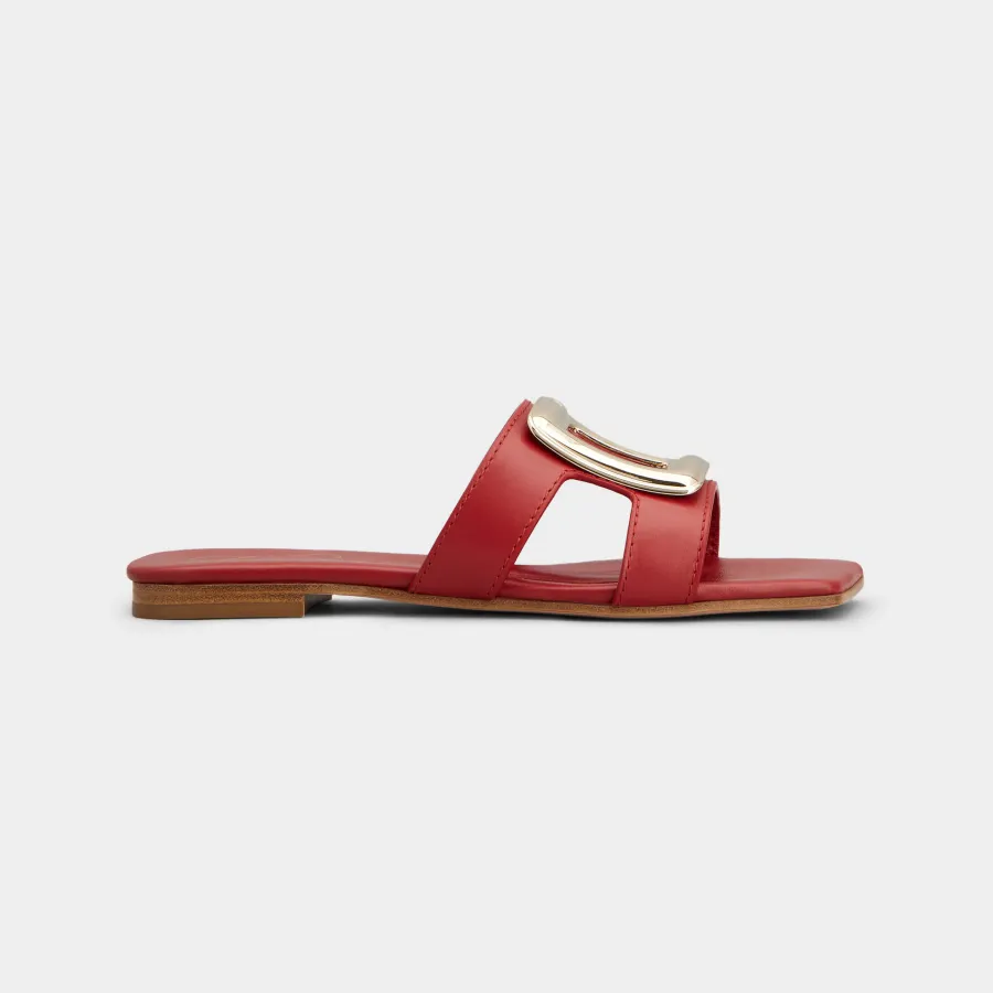 Roger Vivier Viv' By The Sea Mules Flats In Red Leather With Metal Buckle