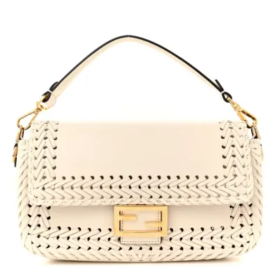 Fendi Ceylon Woven Baguette White Ice King Vitello Leather Gold Hardware