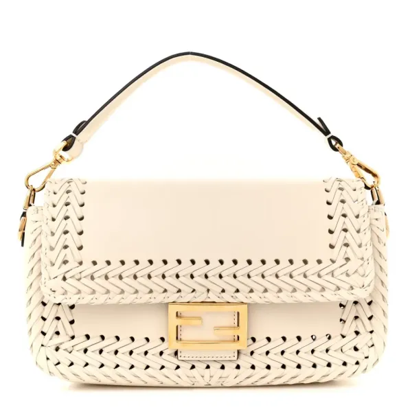 Fendi Ceylon Woven Baguette White Ice King Vitello Leather Gold Hardware