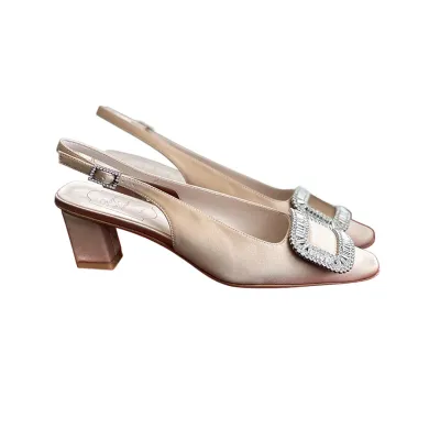 Roger Vivier Belle Viver Slingback Pumps High Heels In Red/Beige Satin With Crystal Buckle (Heel Height 4.5cm)