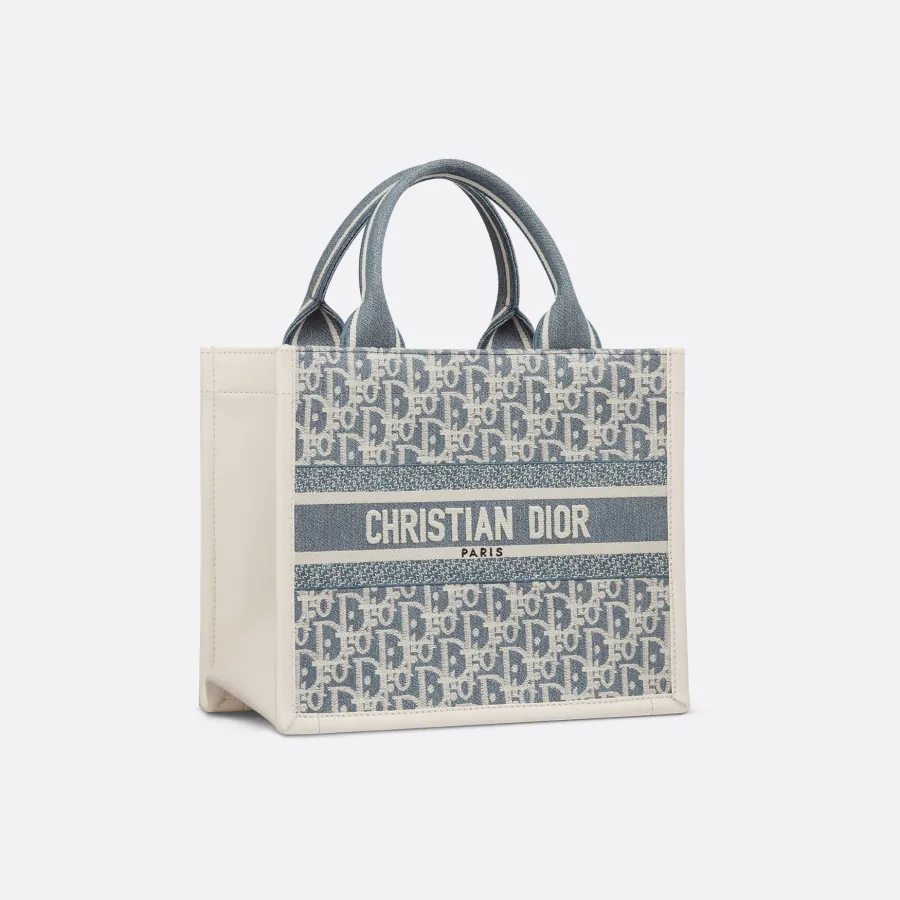 Dior Small Dior Book Tote In Blue Dior Oblique Chambray-Effect Embroidery Canvas and Calfskin Gold Hardware