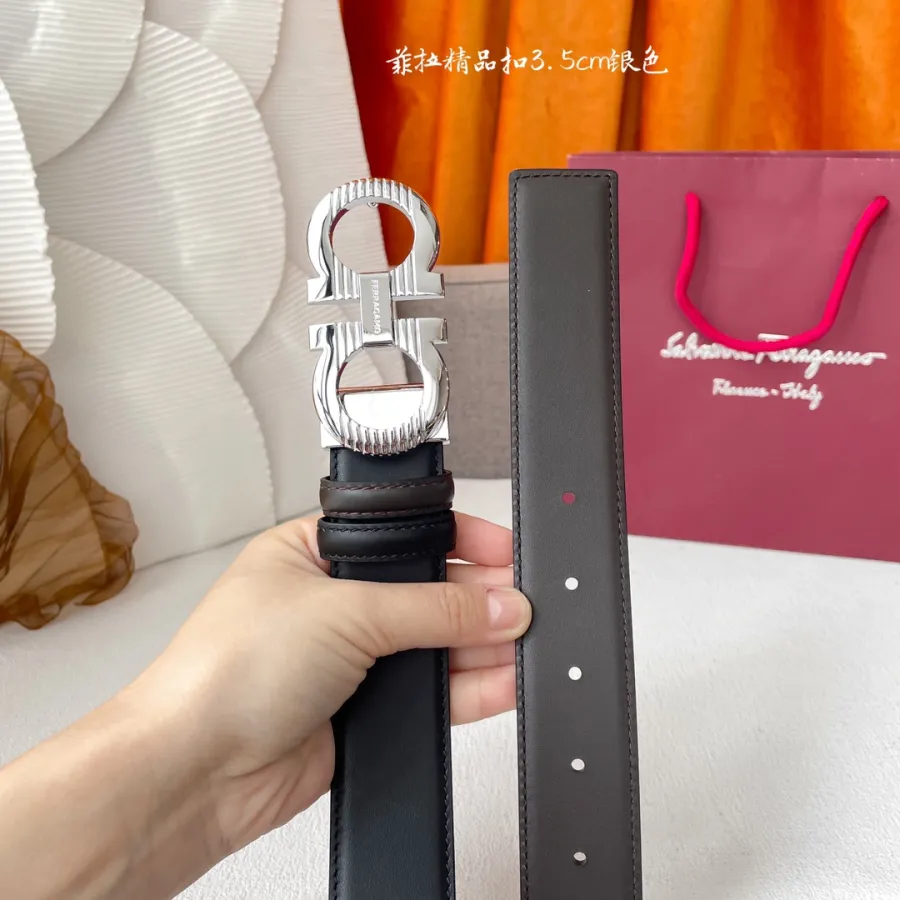 Ferragamo Men's Double Gancini Buckle Reversible Belt In Black/Coffee Smooth Calfskin With Gold/Silver/Black/Gun Black Hardware 35mm