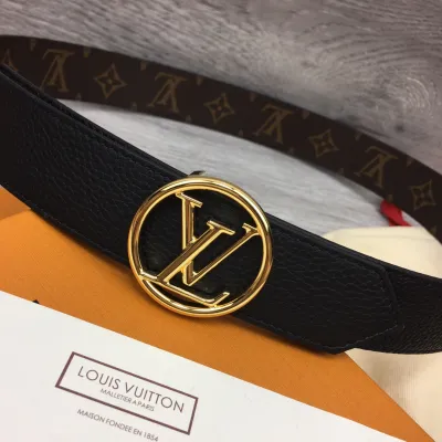 Louis Vuitton Women's Circle Buckle Belt In Black Calfskin And Monogram Canvas With Gold Hardware 35mm