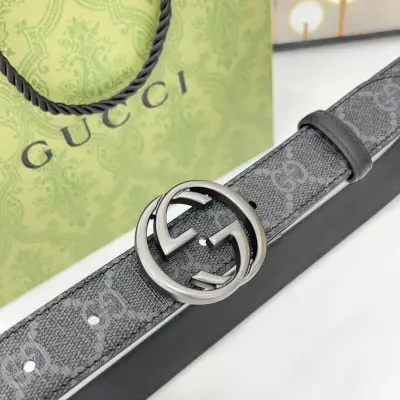 Gucci Women's Round GG Buckle Marmont Reversible Belt In Black/Brown Calfskin And Beige/Black Monogram Cavans With Gold/Silver Hardware 30mm