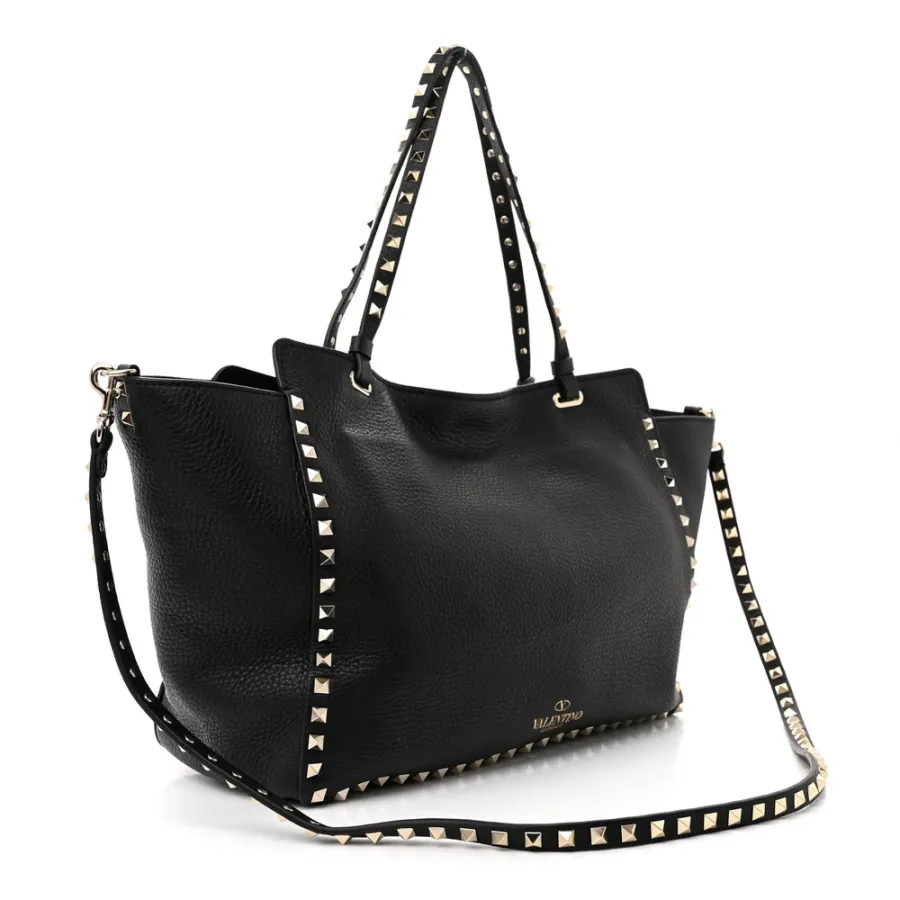 Valentino Garavani Medium Rockstud Tote Black Pebbled Calfskin Leather Gold Hardware