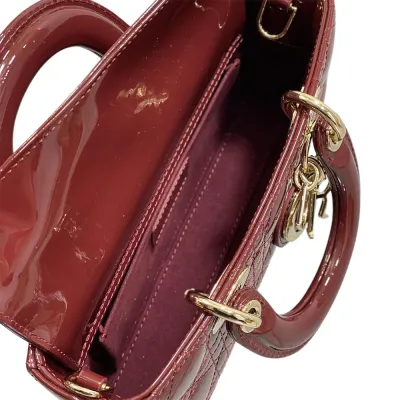 Dior Small Lady D-Joy Bag In Cherry Red Patent Calfskin/White Lambskin/Black Ultramatte Cannage Calfskin With Gold/Black Hardware