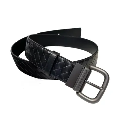 Bottega Veneta Men's Square Buckle Intrecciato Belt In Black/Coffee/Blue/Dark Grey Calfskin With Gun Black Hardware 40mm