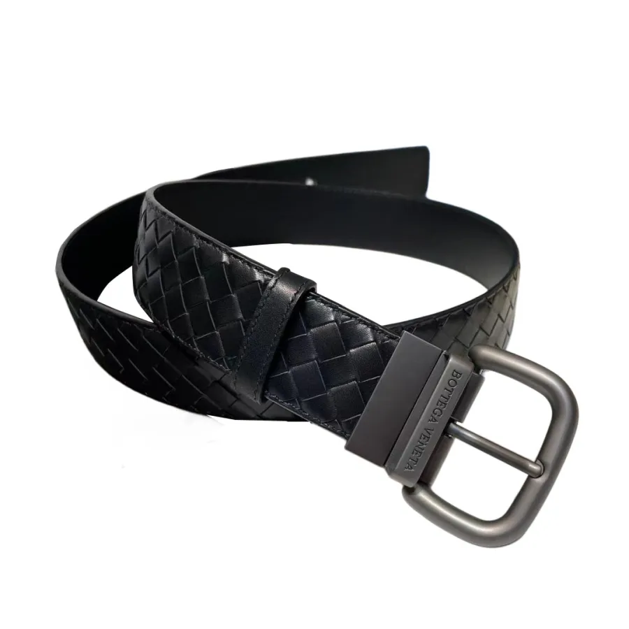 Bottega Veneta Men's Square Buckle Intrecciato Belt In Black/Coffee/Blue/Dark Grey Calfskin With Gun Black Hardware 40mm