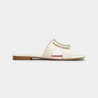 Roger Vivier Viv' By The Sea Mules Flats In White Leather With Metal Buckle