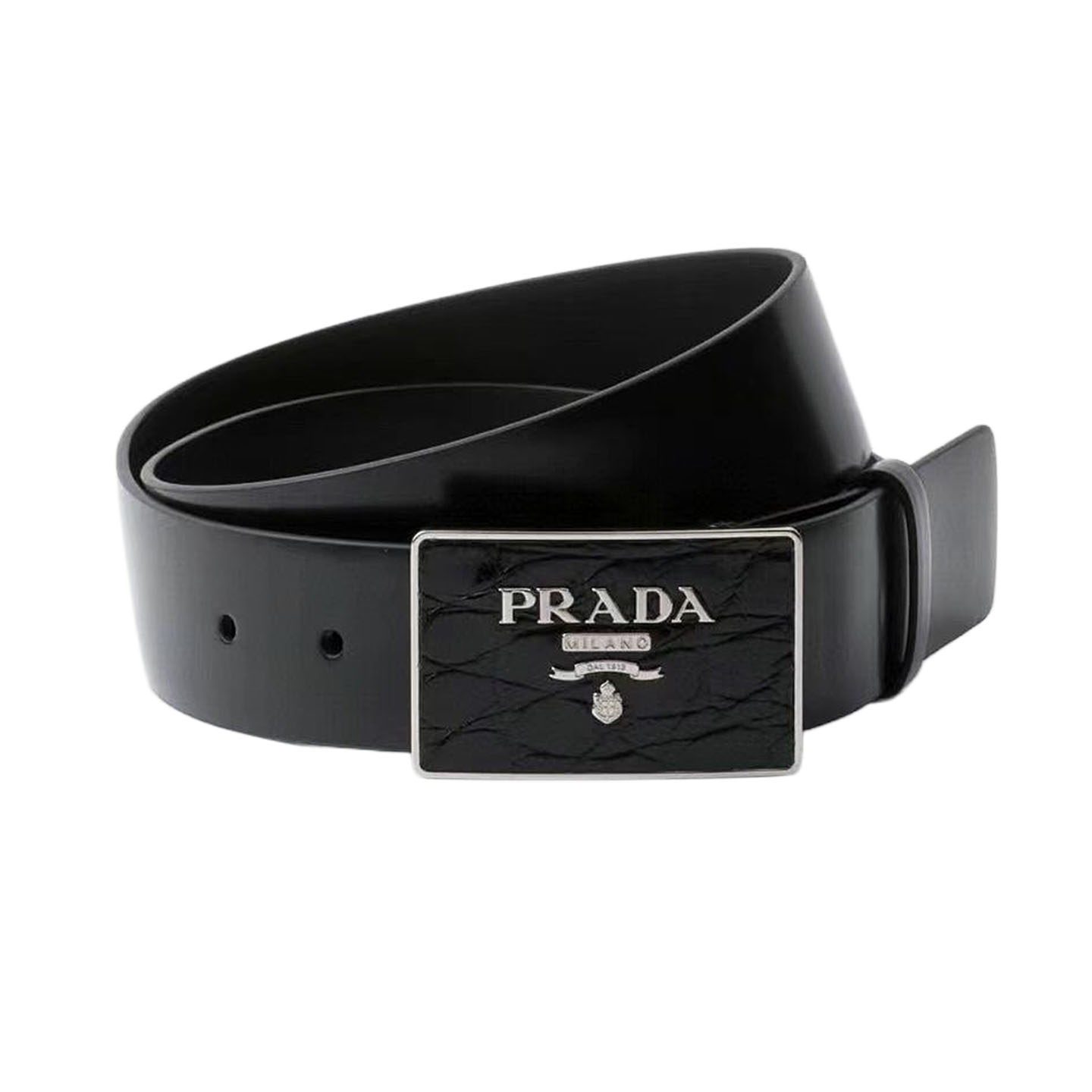 Cinto Prada Masculino com Fivela Quadrada em Couro Bezerro Preto com Ferragens Douradas/Prateadas 35mm