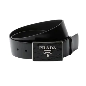 Prada Men' s Square Buckle Belt In Black Calfskin With Gold/Silver Hardware 35mm