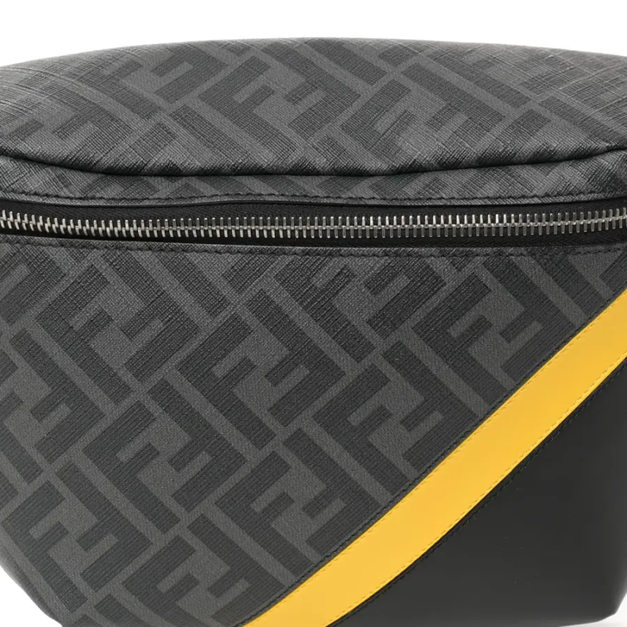 Fendi Century Logo FF 1974 Diagonal Belt Bag Black/Sunflower Glazed Fabric & Liberty Vitello Leather Silver Hardware