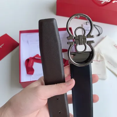 Ferragamo Men's Double Gancini Buckle Reversible Belt In Black/Brown/Coffee Calfskin With Gold/Silver/Black Hardware 35mm